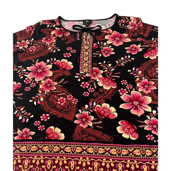 JM COLLECTION LONG BELL SLV PULL-OVER TUNIC BLOUSE, WOMENS-XL-BLACK PINK YELL OR - Picture 4 of 12